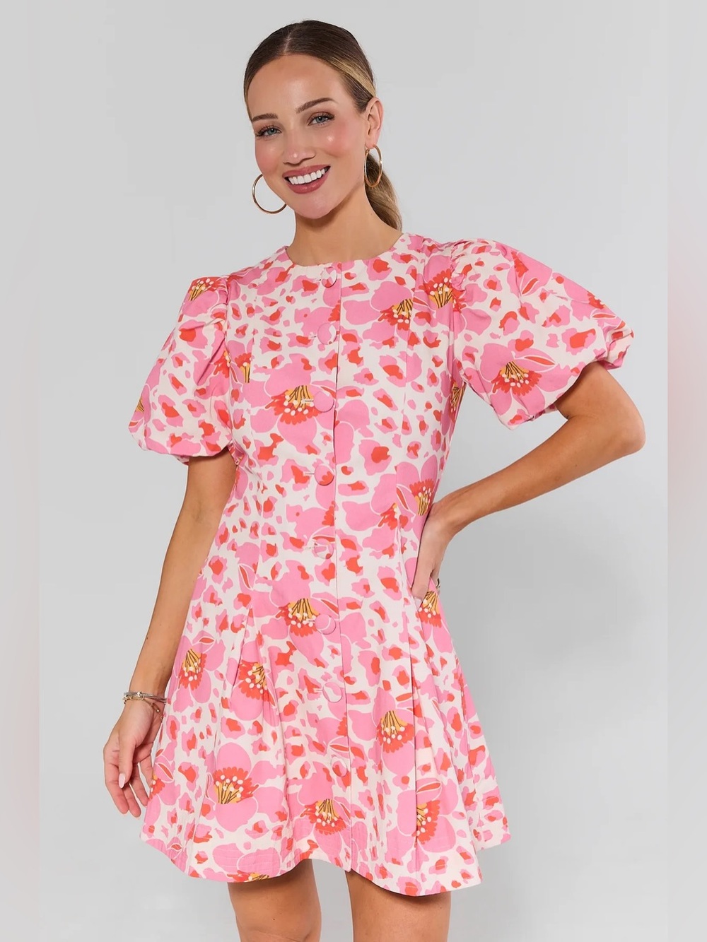 NWT Avara Ruth Dress XS Pink Floral Puff Sleeve Button Front Mini Dress